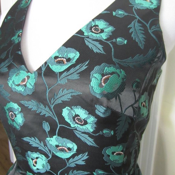 J CREW Jacquard Black w/ Green Floral V-neck Sleeveless Cocktail dress Sz 6 - Picture 4 of 15